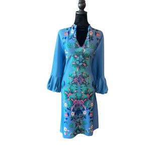 New York & Company Dress XL Blue Floral Bell sleeves pencil v-neck spring